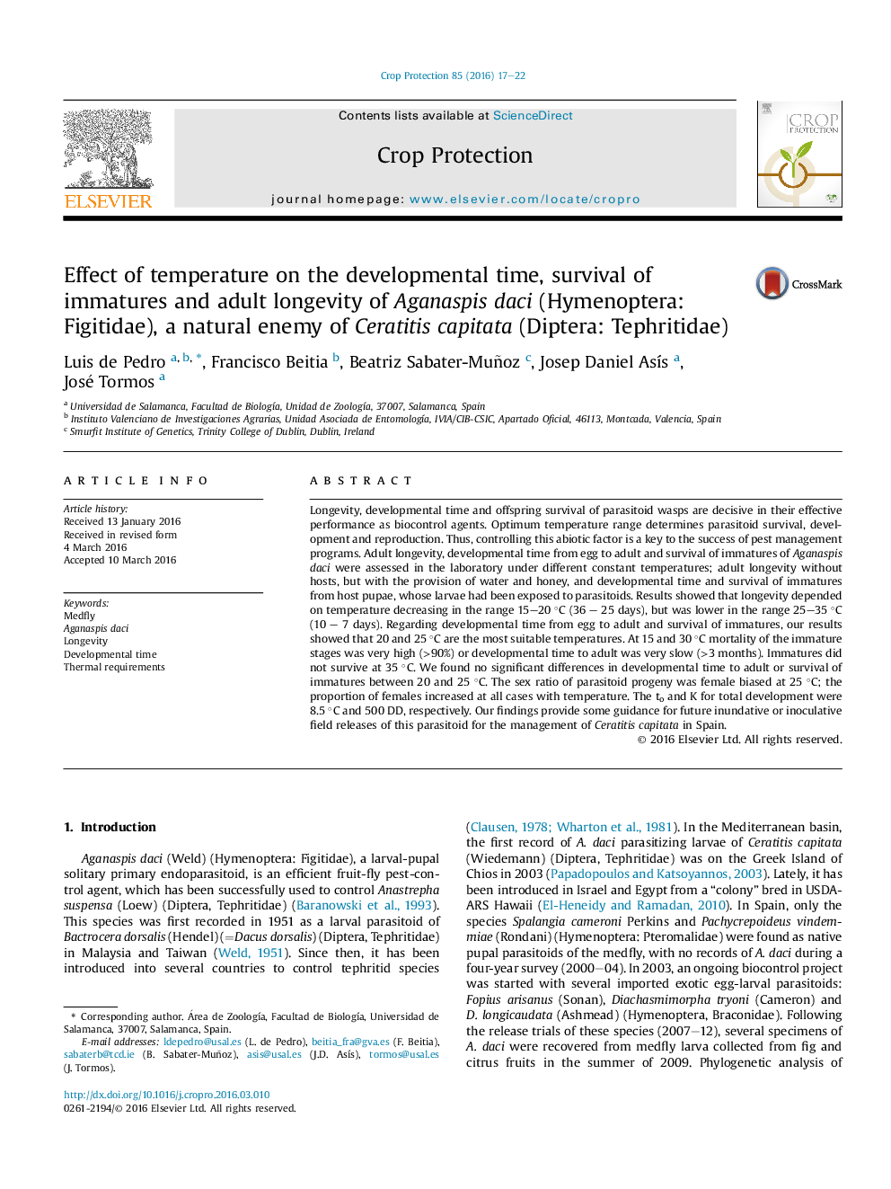 Effect of temperature on the developmental time, survival of immatures and adult longevity of Aganaspis daci (Hymenoptera: Figitidae), a natural enemy of Ceratitis capitata (Diptera: Tephritidae)