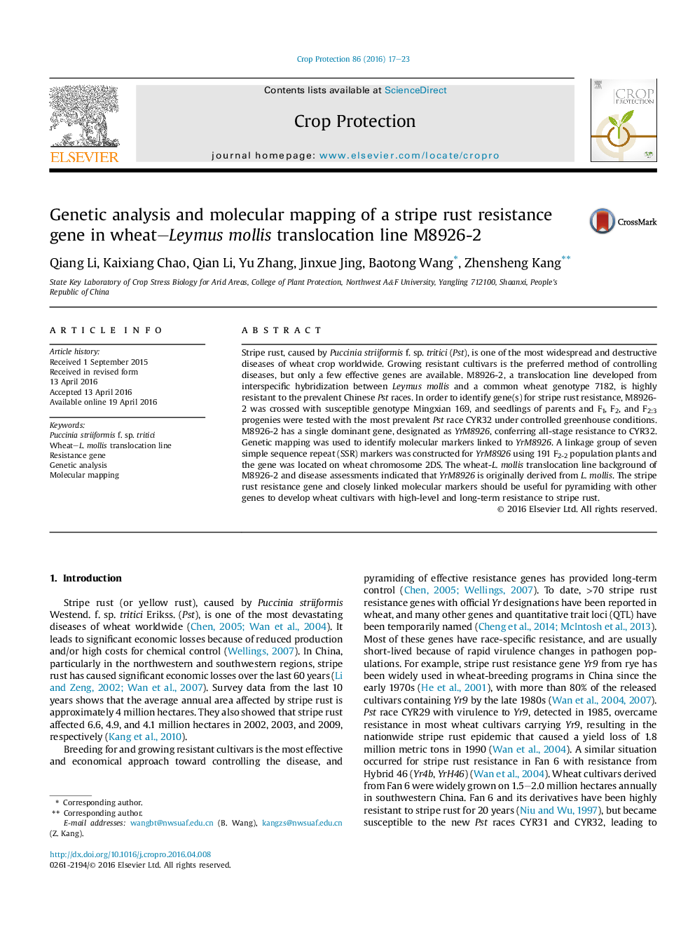 Genetic analysis and molecular mapping of a stripe rust resistance gene in wheat-Leymus mollis translocation line M8926-2