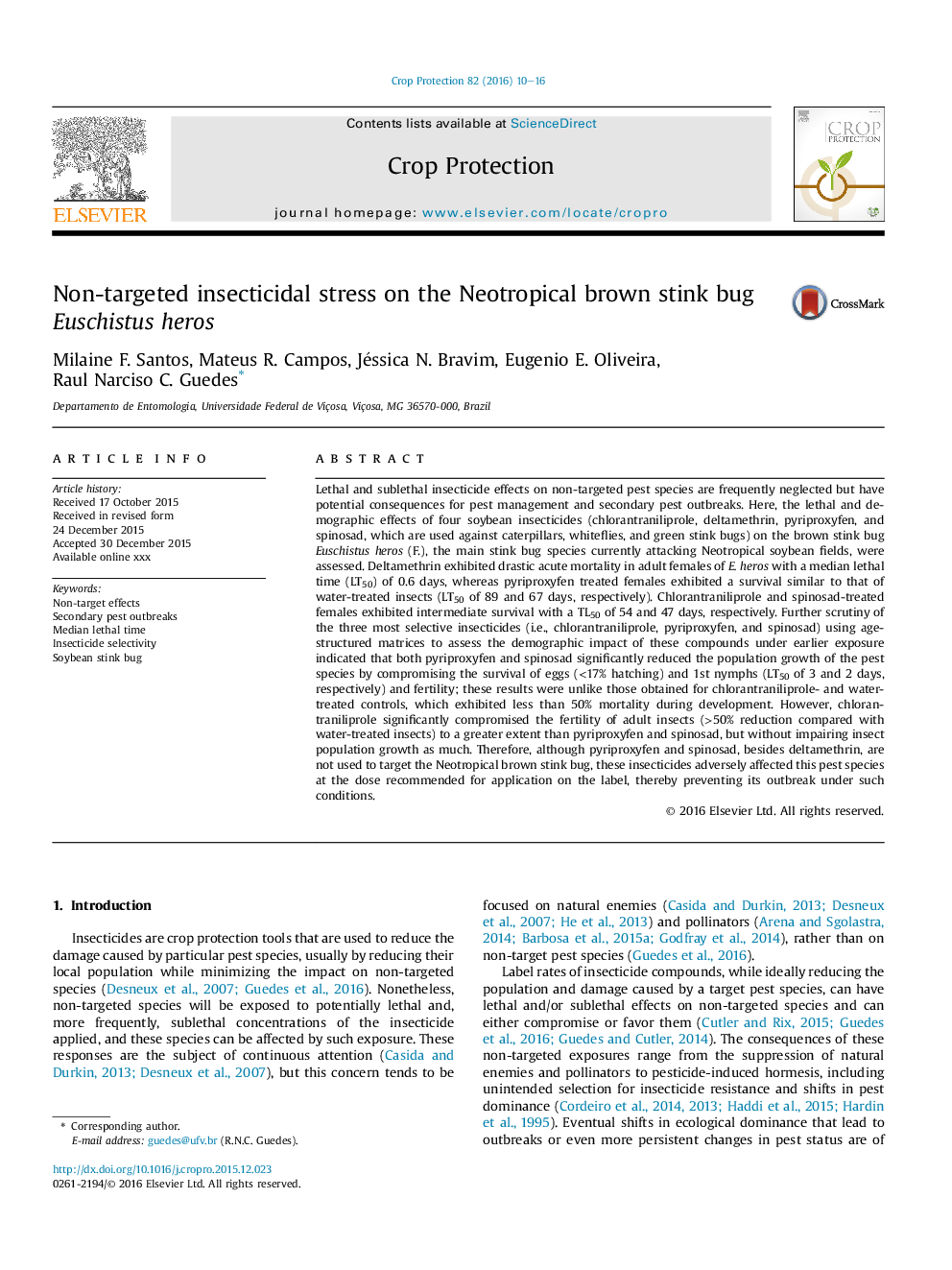 Non-targeted insecticidal stress on the Neotropical brown stink bug Euschistus heros