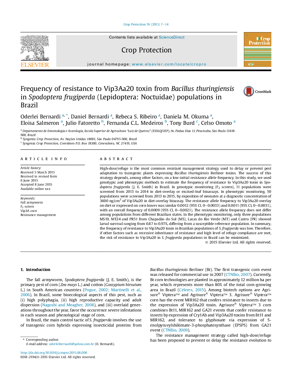 Frequency of resistance to Vip3Aa20 toxin from Bacillus thuringiensis in Spodoptera frugiperda (Lepidoptera: Noctuidae) populations in Brazil