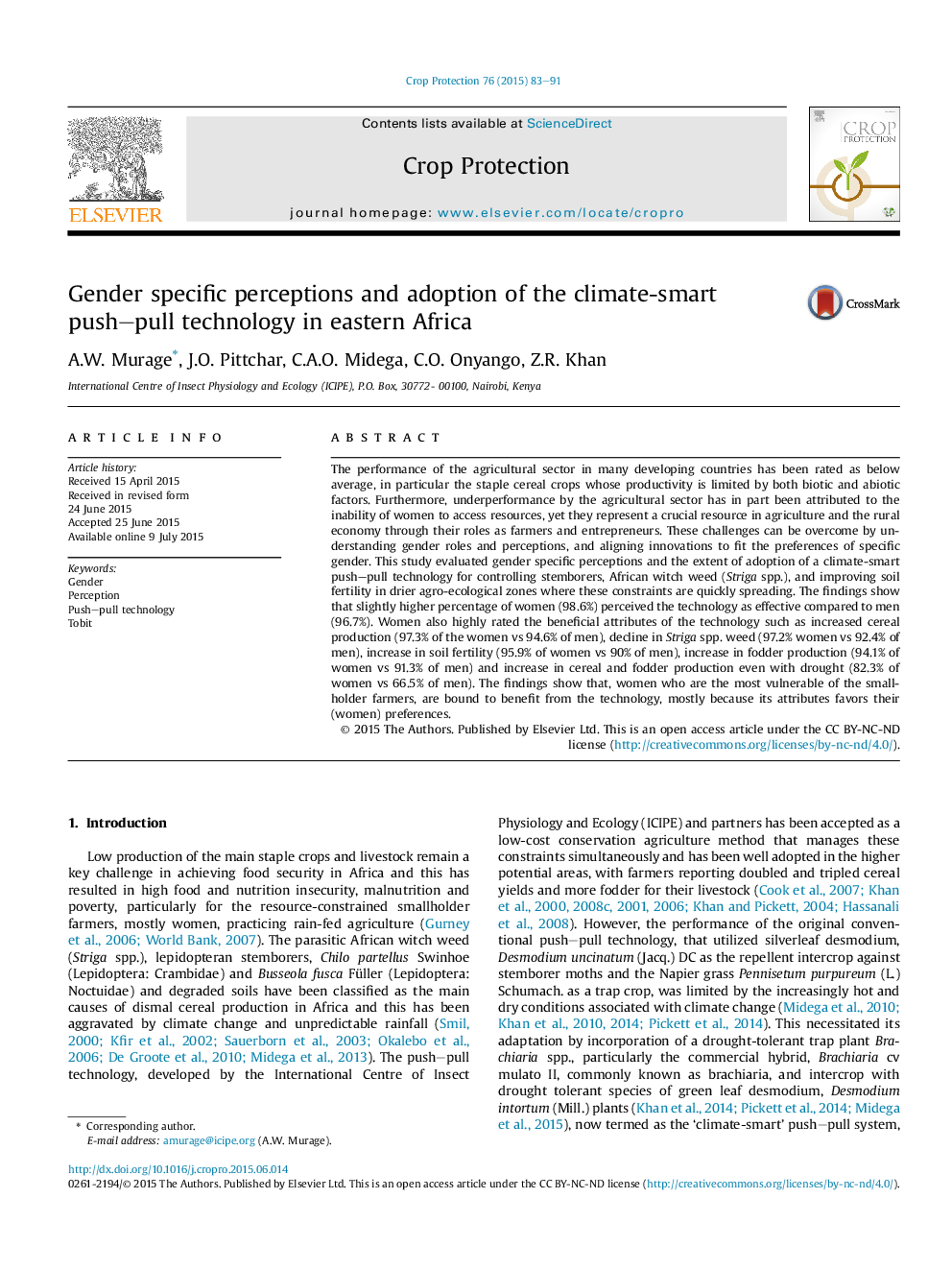 Gender specific perceptions and adoption of the climate-smart push-pull technology in eastern Africa