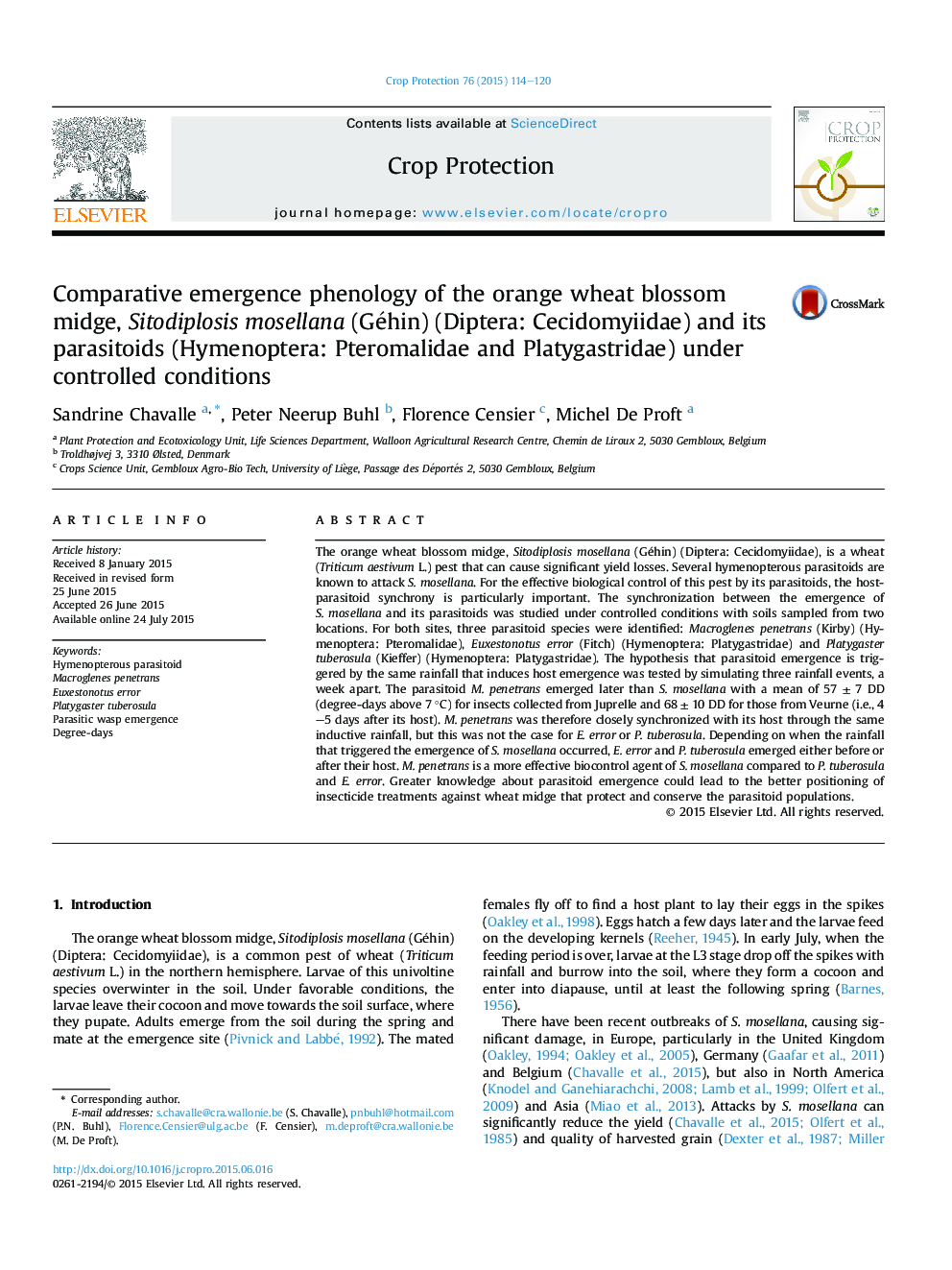 Comparative emergence phenology of the orange wheat blossom midge, Sitodiplosis mosellana (Géhin) (Diptera: Cecidomyiidae) and its parasitoids (Hymenoptera: Pteromalidae and Platygastridae) under controlled conditions