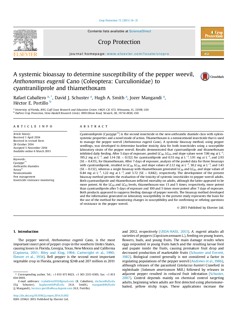 A systemic bioassay to determine susceptibility of the pepper weevil, Anthonomus eugenii Cano (Coleoptera: Curculionidae) to cyantraniliprole and thiamethoxam