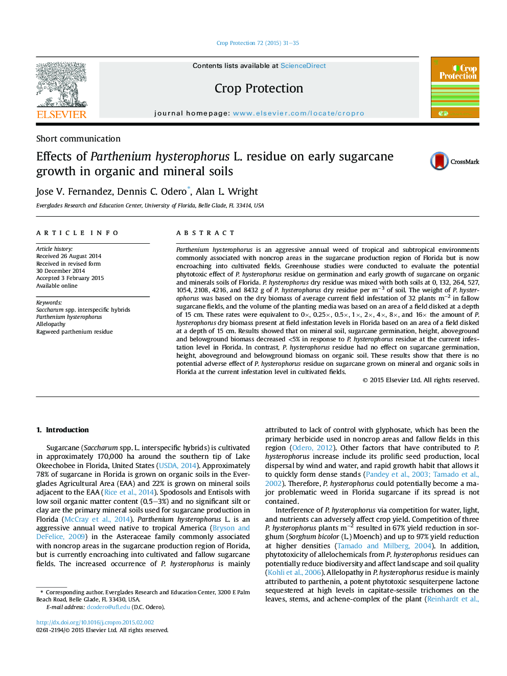 Effects of Parthenium hysterophorus L. residue on early sugarcane growth in organic and mineral soils