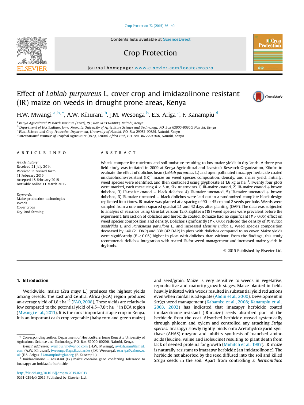 Effect of Lablab purpureus L. cover crop and imidazolinone resistant (IR) maize on weeds in drought prone areas, Kenya