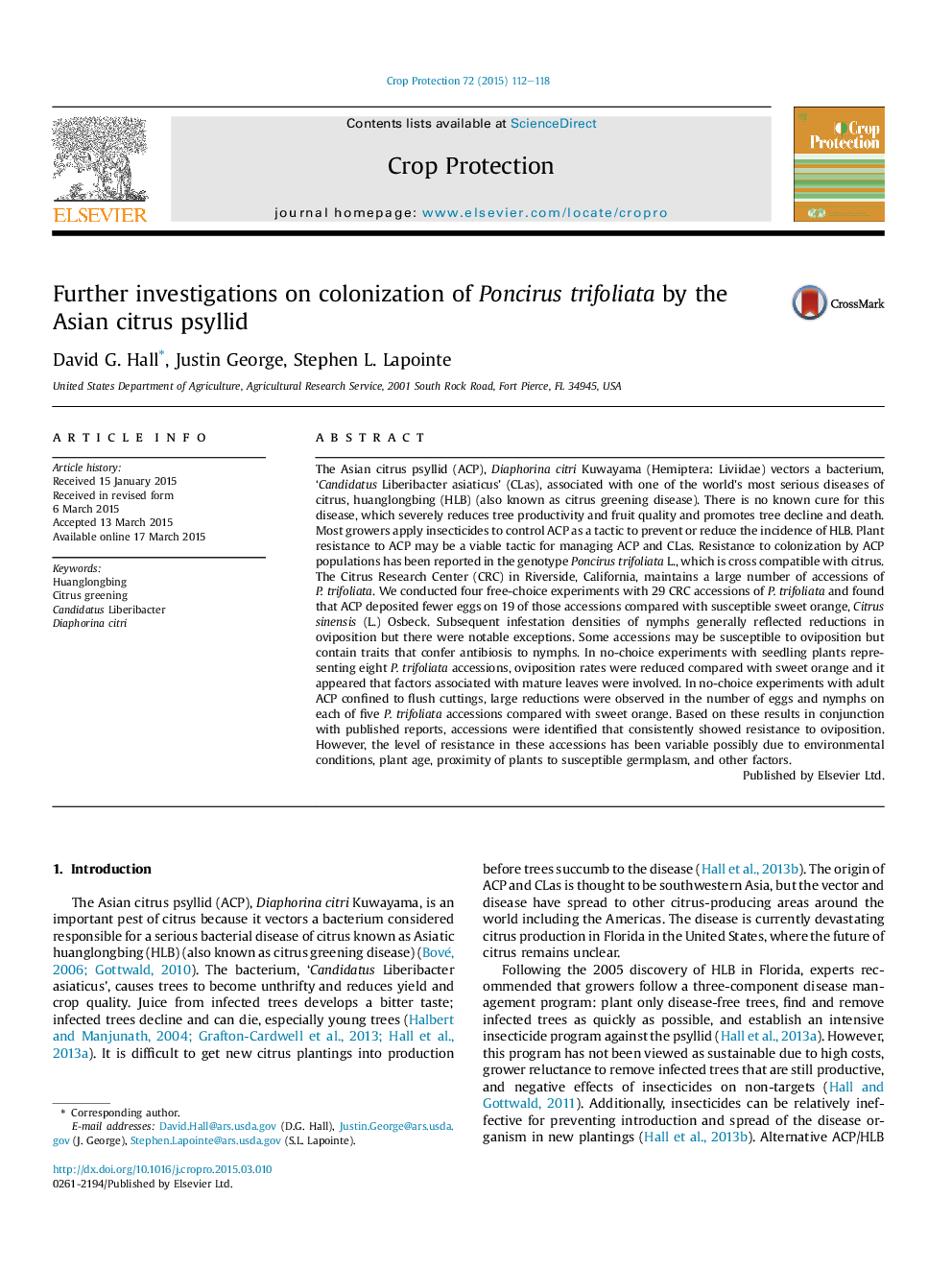 Further investigations on colonization of Poncirus trifoliata by the Asian citrus psyllid