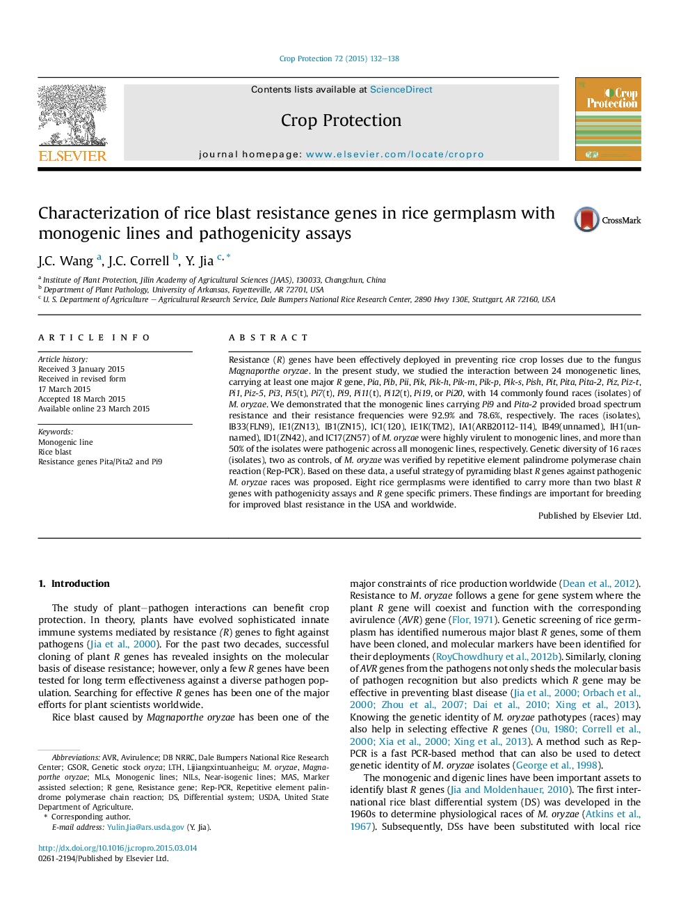 Characterization of rice blast resistance genes in rice germplasm with monogenic lines and pathogenicity assays