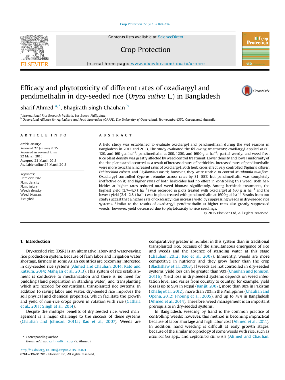 Efficacy and phytotoxicity of different rates of oxadiargyl and pendimethalin in dry-seeded rice (Oryza sativa L.) in Bangladesh