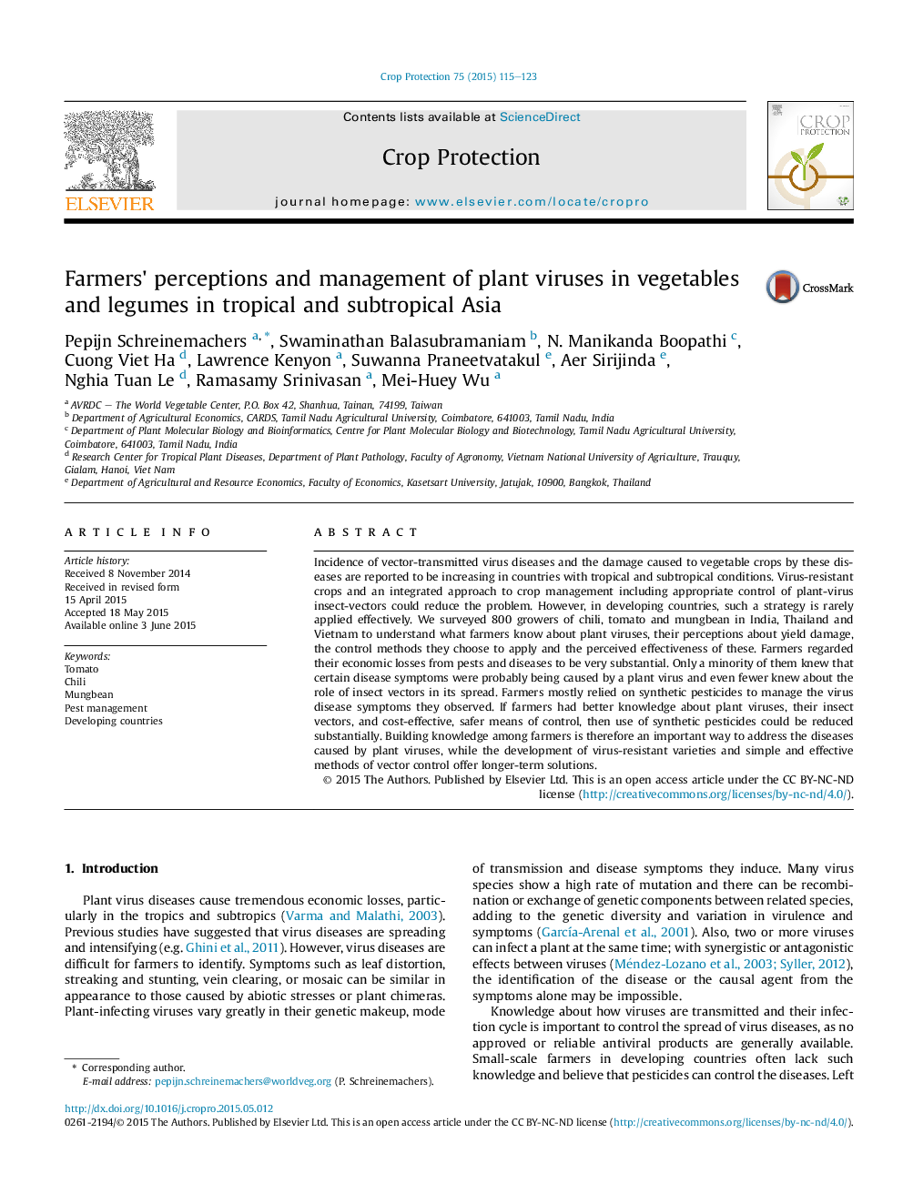 Farmers' perceptions and management of plant viruses in vegetables and legumes in tropical and subtropical Asia