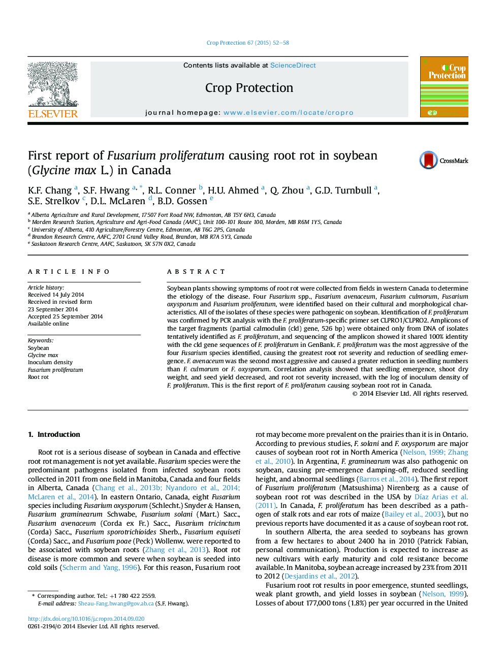 عکس صفحه اول مقاله: First report of Fusarium proliferatum causing root rot in soybean (Glycine max L.) in Canada First report of Fusarium proliferatum causing root rot in soybean (Glycine max L.) in Canada