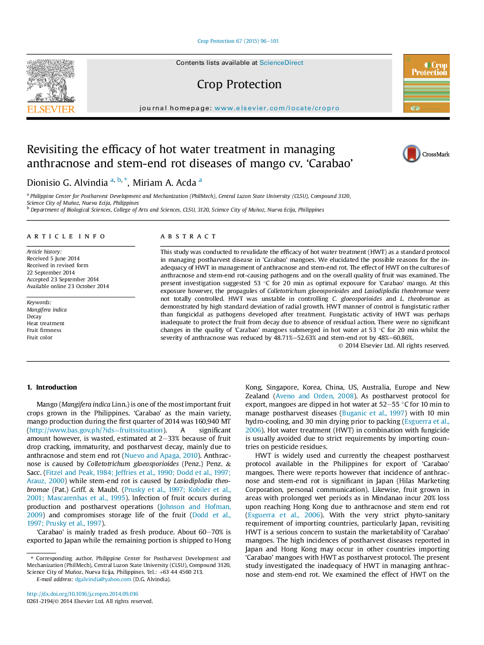 Revisiting the efficacy of hot water treatment in managing anthracnose and stem-end rot diseases of mango cv. 'Carabao'