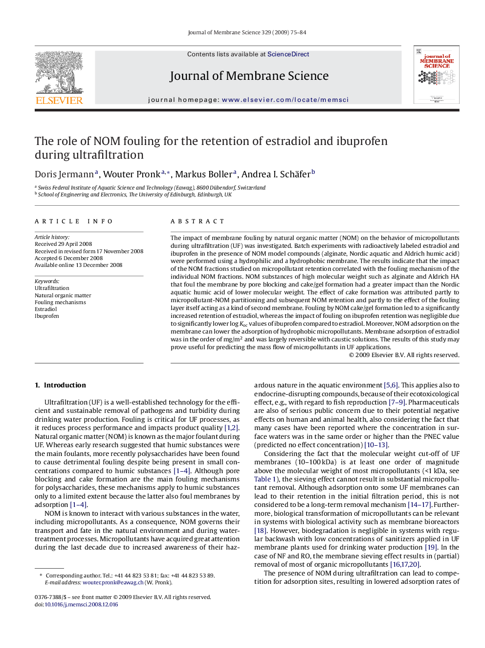 The role of NOM fouling for the retention of estradiol and ibuprofen during ultrafiltration