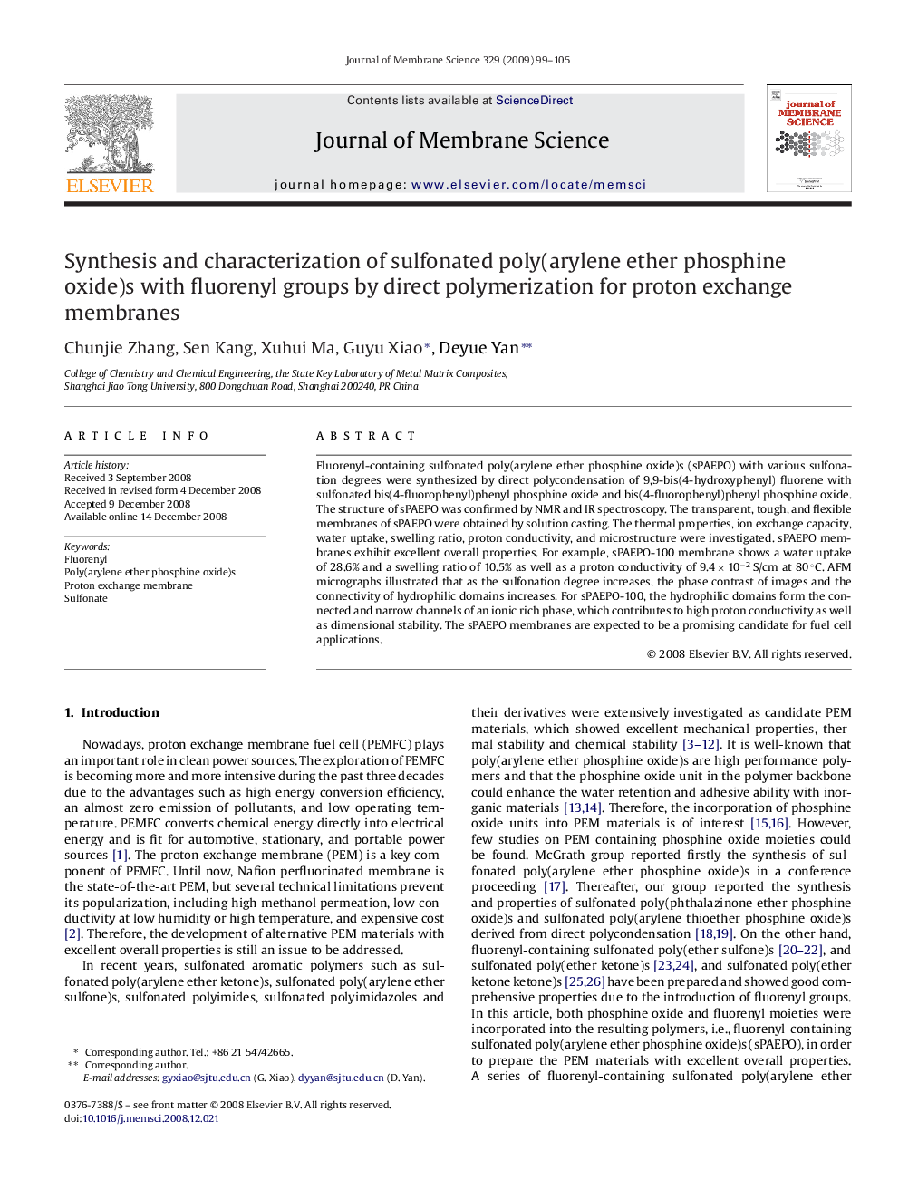 Synthesis and characterization of sulfonated poly(arylene ether phosphine oxide)s with fluorenyl groups by direct polymerization for proton exchange membranes