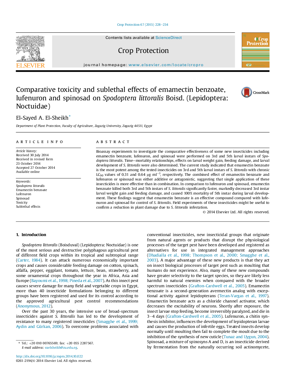 Comparative toxicity and sublethal effects of emamectin benzoate, lufenuron and spinosad on Spodoptera littoralis Boisd. (Lepidoptera: Noctuidae)