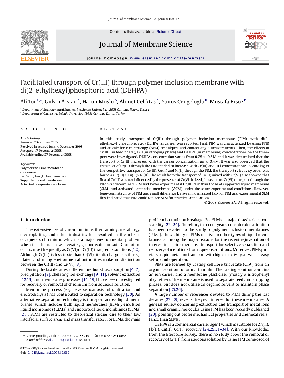 Facilitated transport of Cr(III) through polymer inclusion membrane with di(2-ethylhexyl)phosphoric acid (DEHPA)