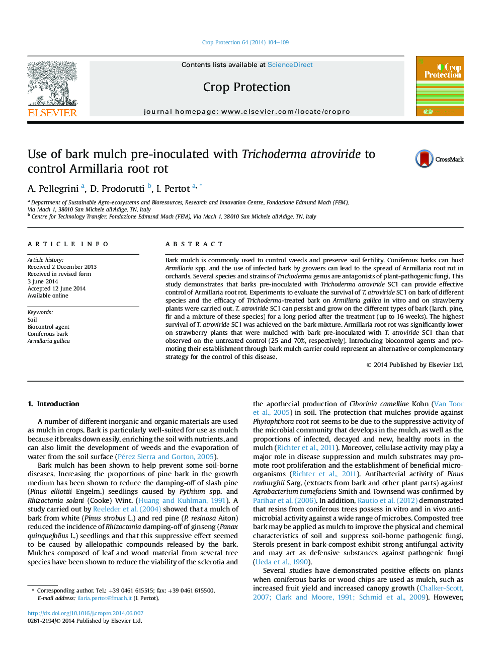 Use of bark mulch pre-inoculated with Trichoderma atroviride to control Armillaria root rot