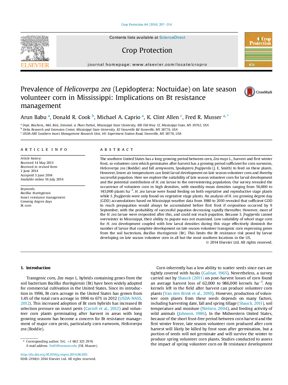 Prevalence of Helicoverpa zea (Lepidoptera: Noctuidae) on late season volunteer corn in Mississippi: Implications on Bt resistance management