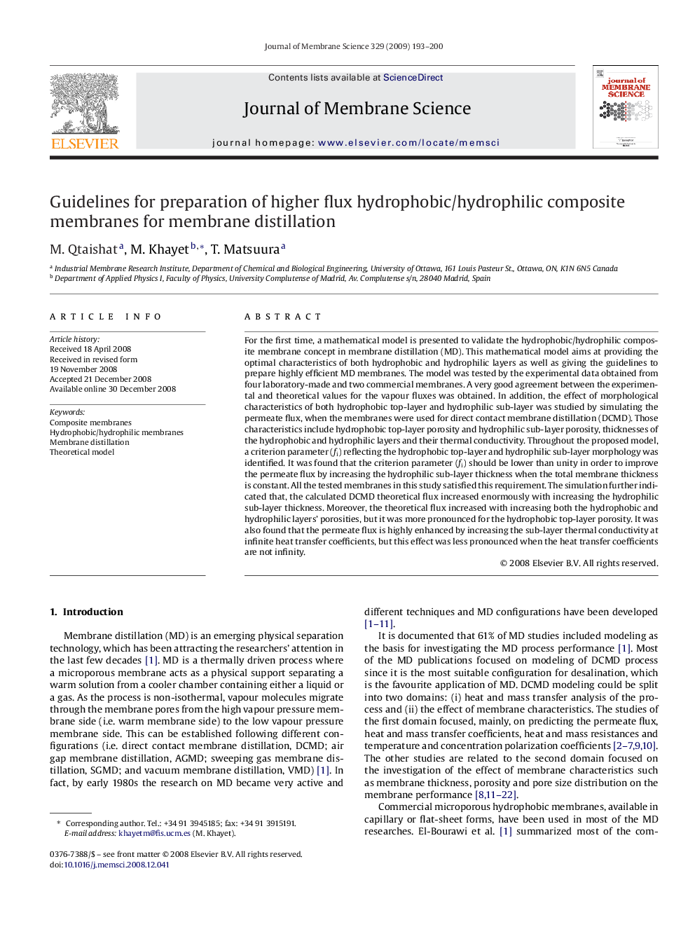 Guidelines for preparation of higher flux hydrophobic/hydrophilic composite membranes for membrane distillation