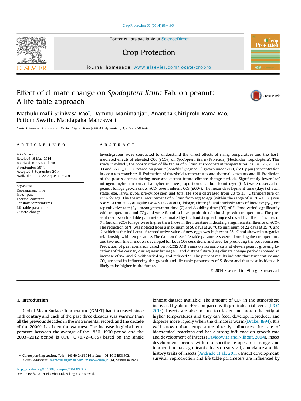 Effect of climate change on Spodoptera litura Fab. on peanut: A life table approach