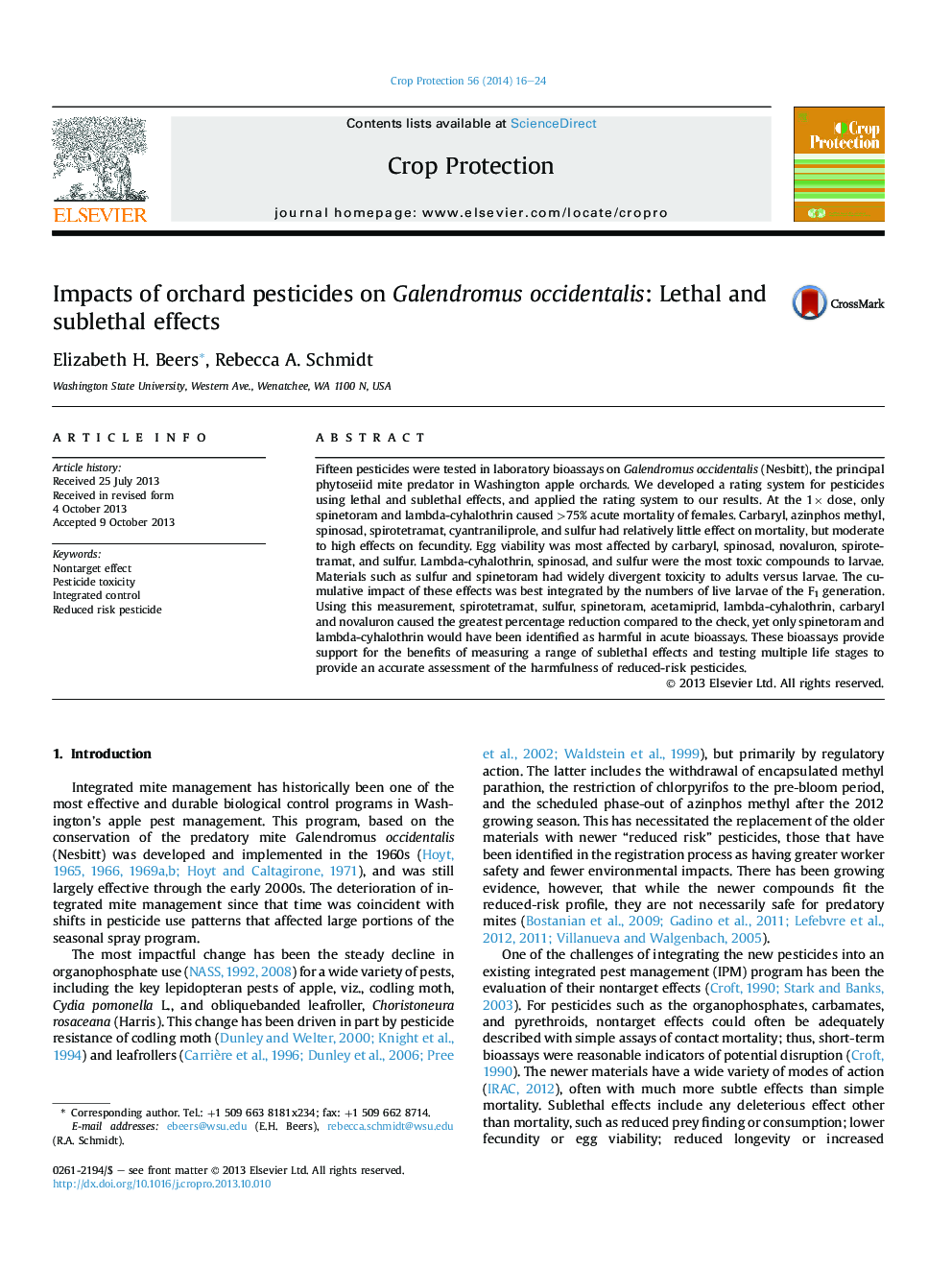 Impacts of orchard pesticides on Galendromus occidentalis: Lethal and sublethal effects