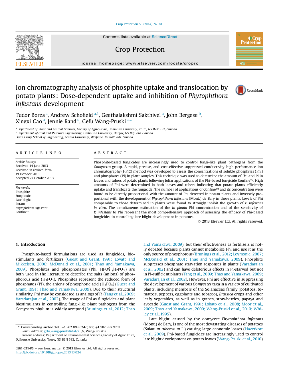 Ion chromatography analysis of phosphite uptake and translocation by potato plants: Dose-dependent uptake and inhibition of Phytophthora infestans development