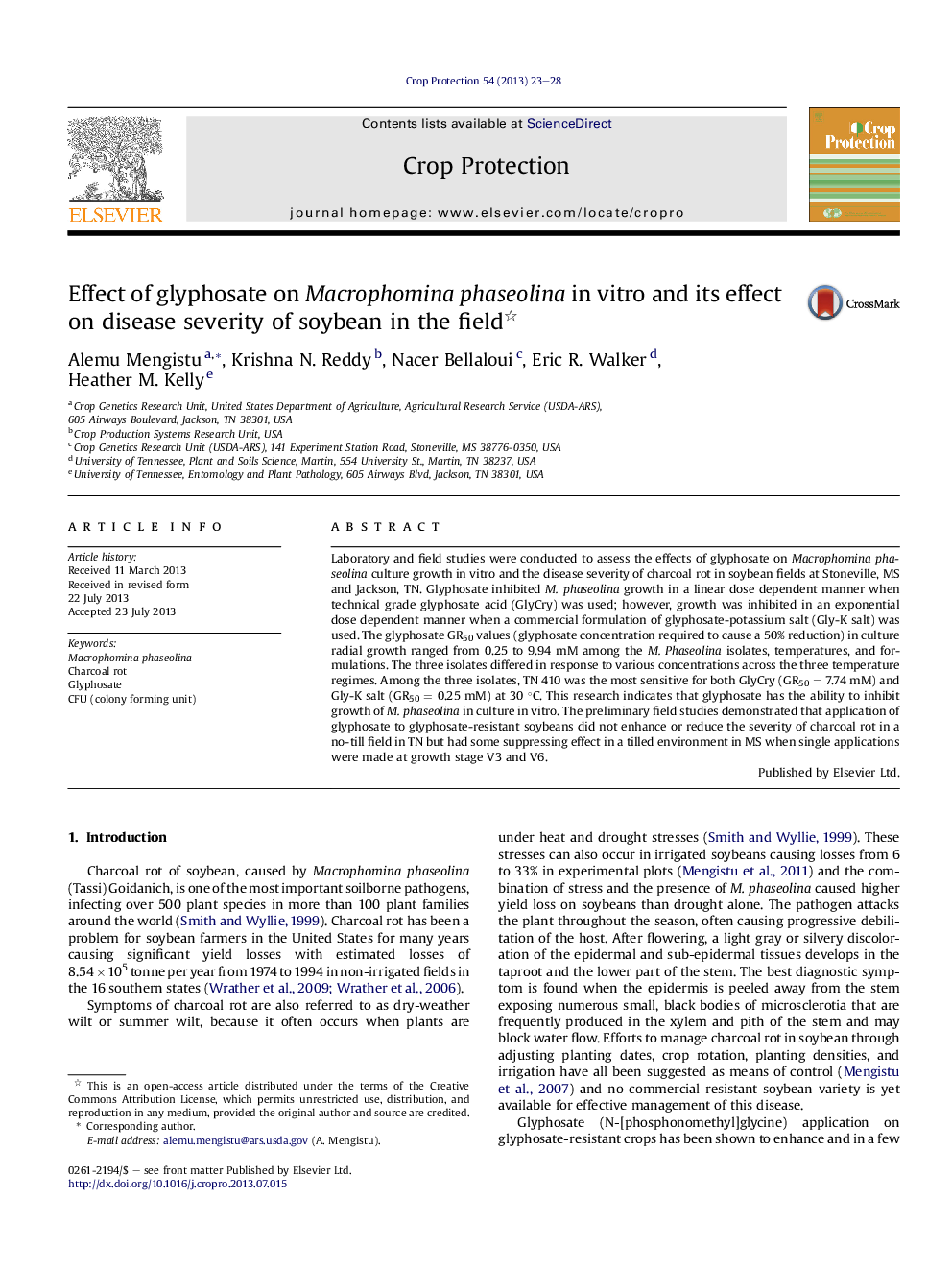 Effect of glyphosate on Macrophomina phaseolina inÂ vitro and its effect on disease severity of soybean in the field