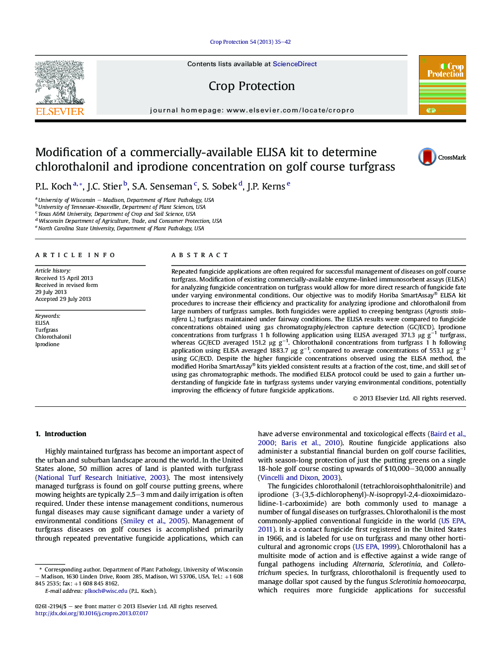 Modification of a commercially-available ELISA kit to determine chlorothalonil and iprodione concentration on golf course turfgrass