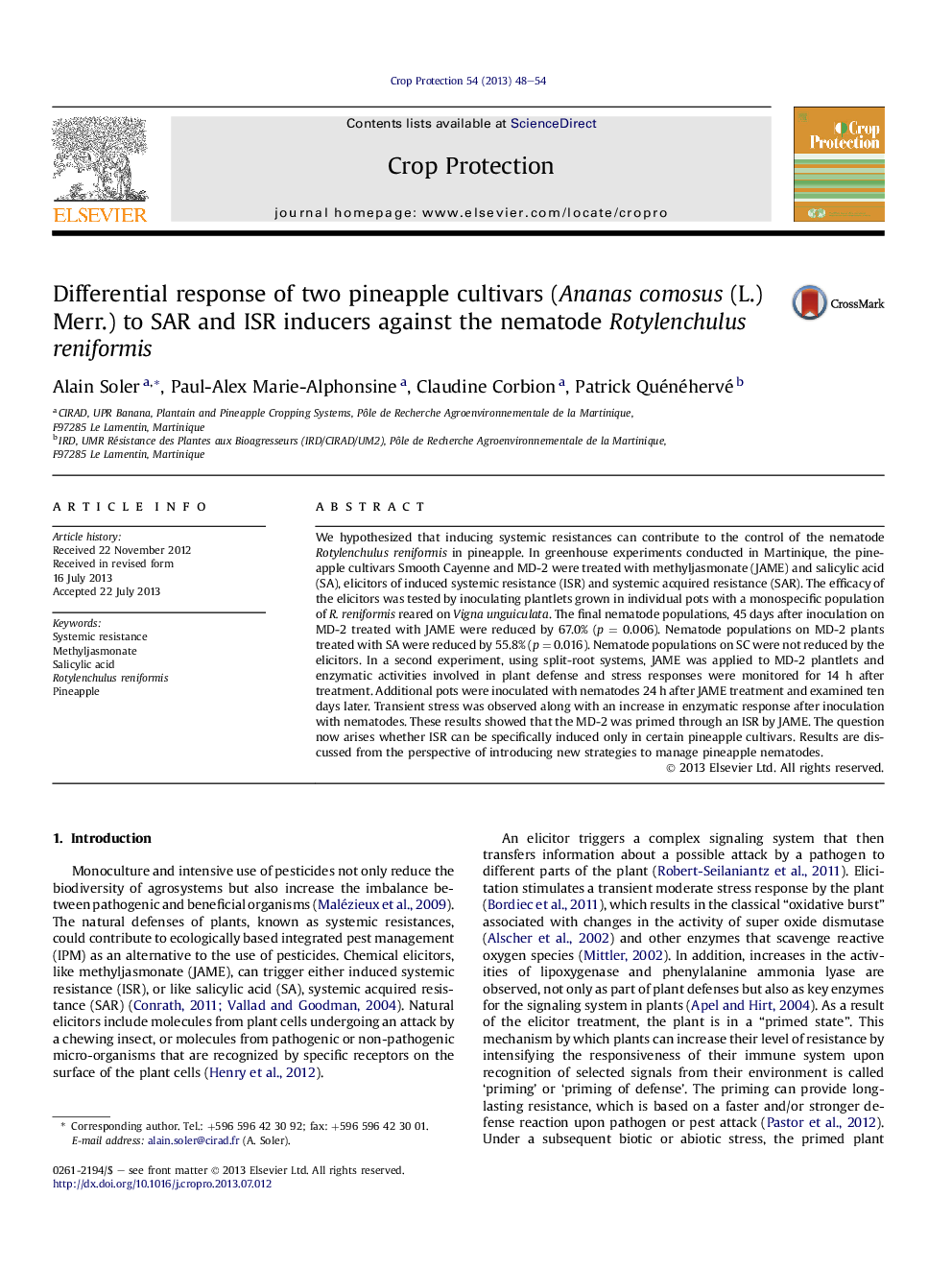 Differential response of two pineapple cultivars (Ananas comosus (L.) Merr.) to SAR and ISR inducers against the nematode Rotylenchulus reniformis