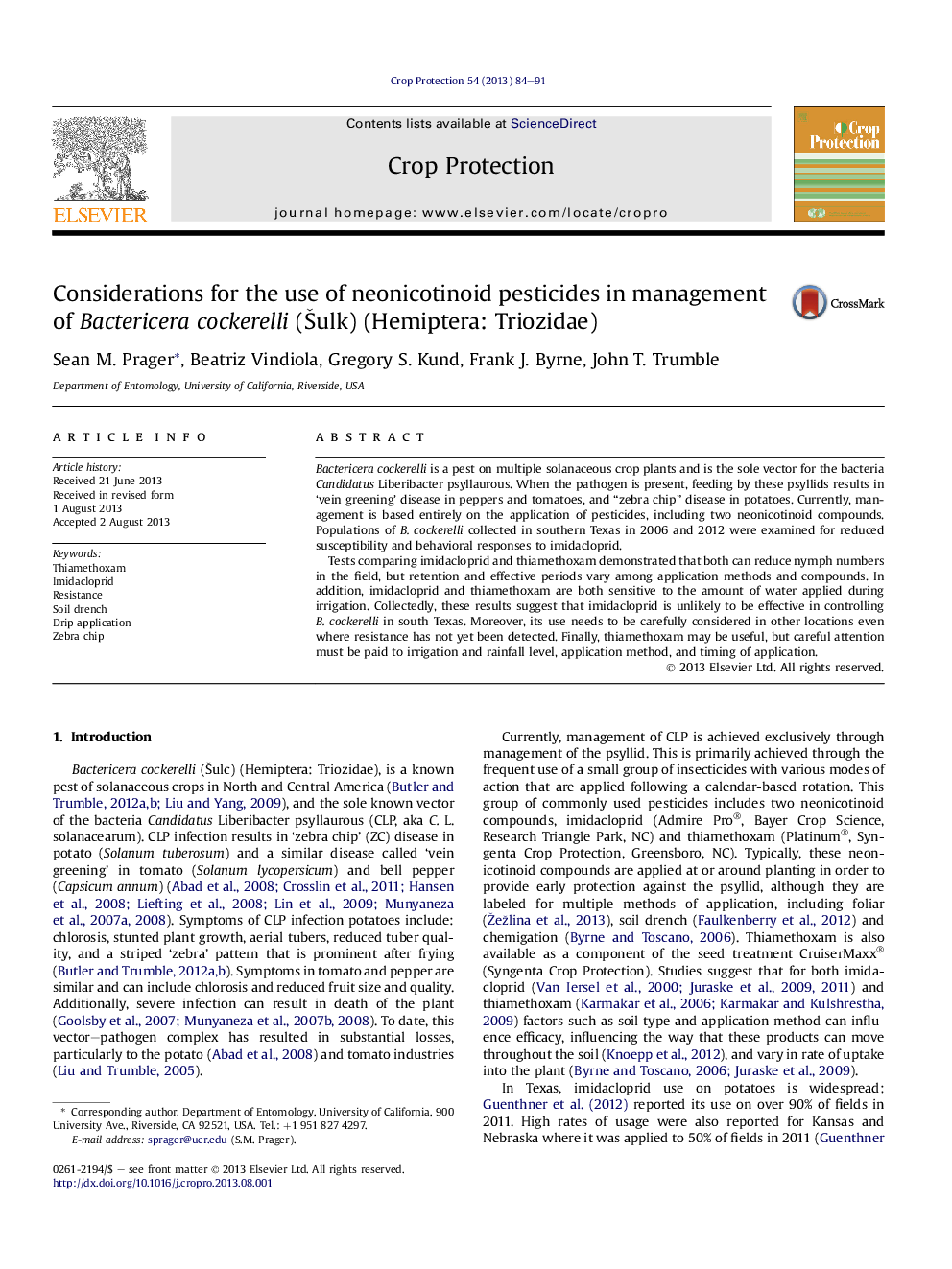 Considerations for the use of neonicotinoid pesticides in management of Bactericera cockerelli (Å ulk) (Hemiptera: Triozidae)