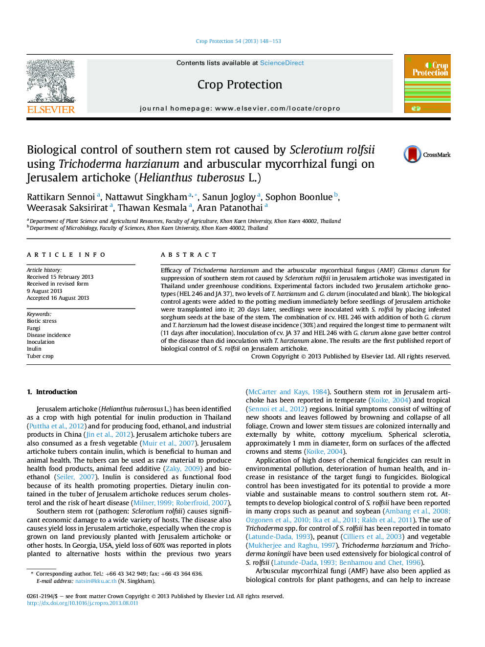 Biological control of southern stem rot caused by Sclerotium rolfsii using Trichoderma harzianum and arbuscular mycorrhizal fungi on Jerusalem artichoke (Helianthus tuberosus L.)