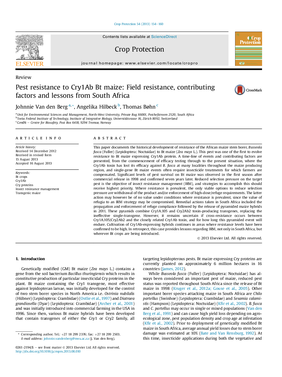 Pest resistance to Cry1Ab Bt maize: Field resistance, contributing factors and lessons from South Africa