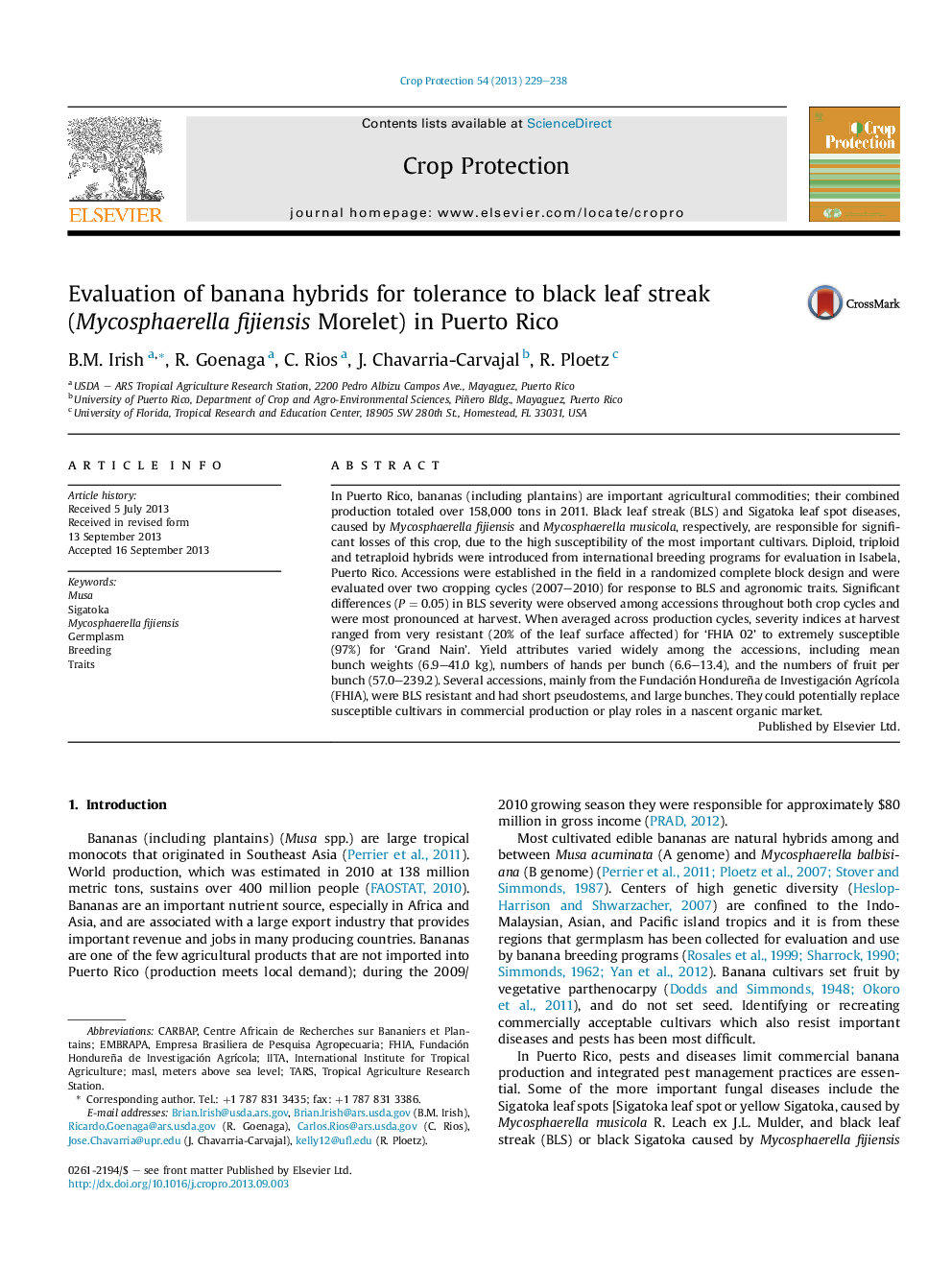 Evaluation of banana hybrids for tolerance to black leaf streak (Mycosphaerella fijiensis Morelet) in Puerto Rico