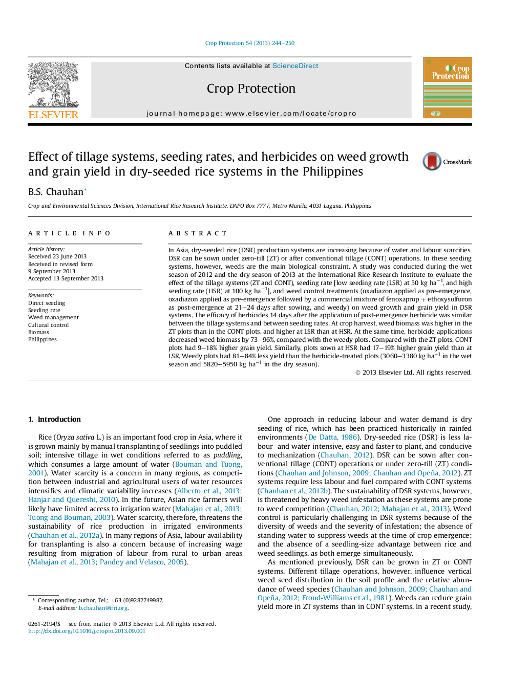 Effect of tillage systems, seeding rates, and herbicides on weed growth and grain yield in dry-seeded rice systems in the Philippines