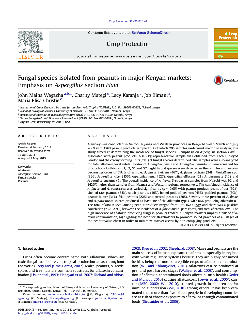 Fungal species isolated from peanuts in major Kenyan markets: Emphasis on Aspergillus section Flavi