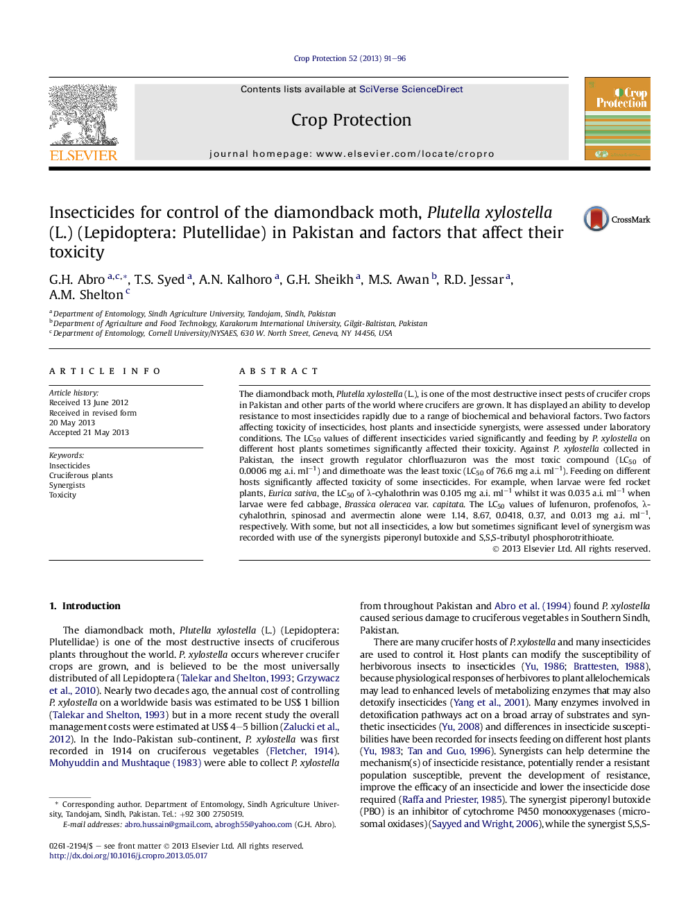 Insecticides for control of the diamondback moth, Plutella xylostella (L.) (Lepidoptera: Plutellidae) in Pakistan and factors that affect their toxicity