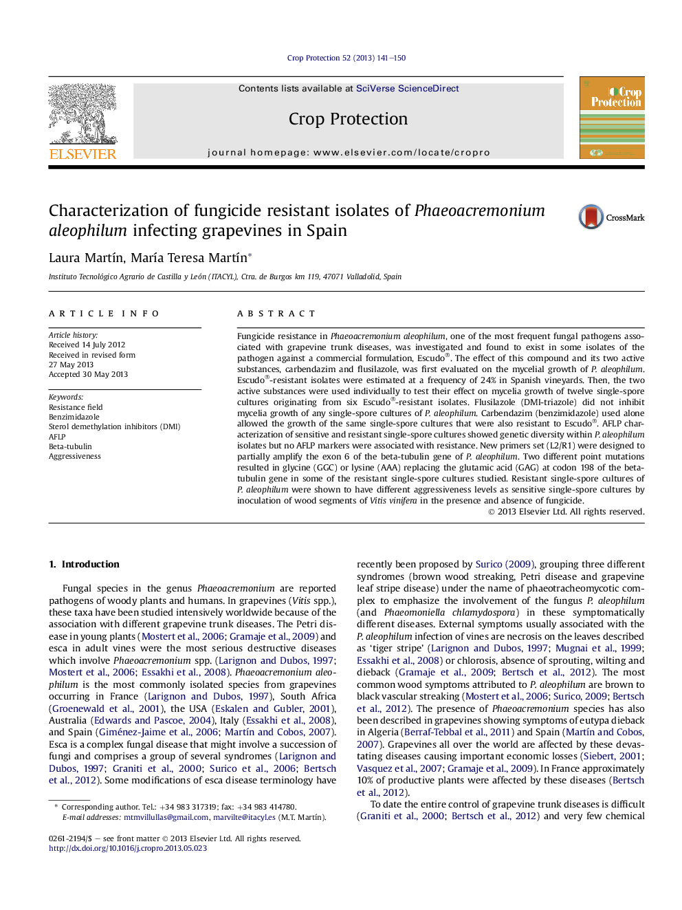 Characterization of fungicide resistant isolates of Phaeoacremonium aleophilum infecting grapevines in Spain