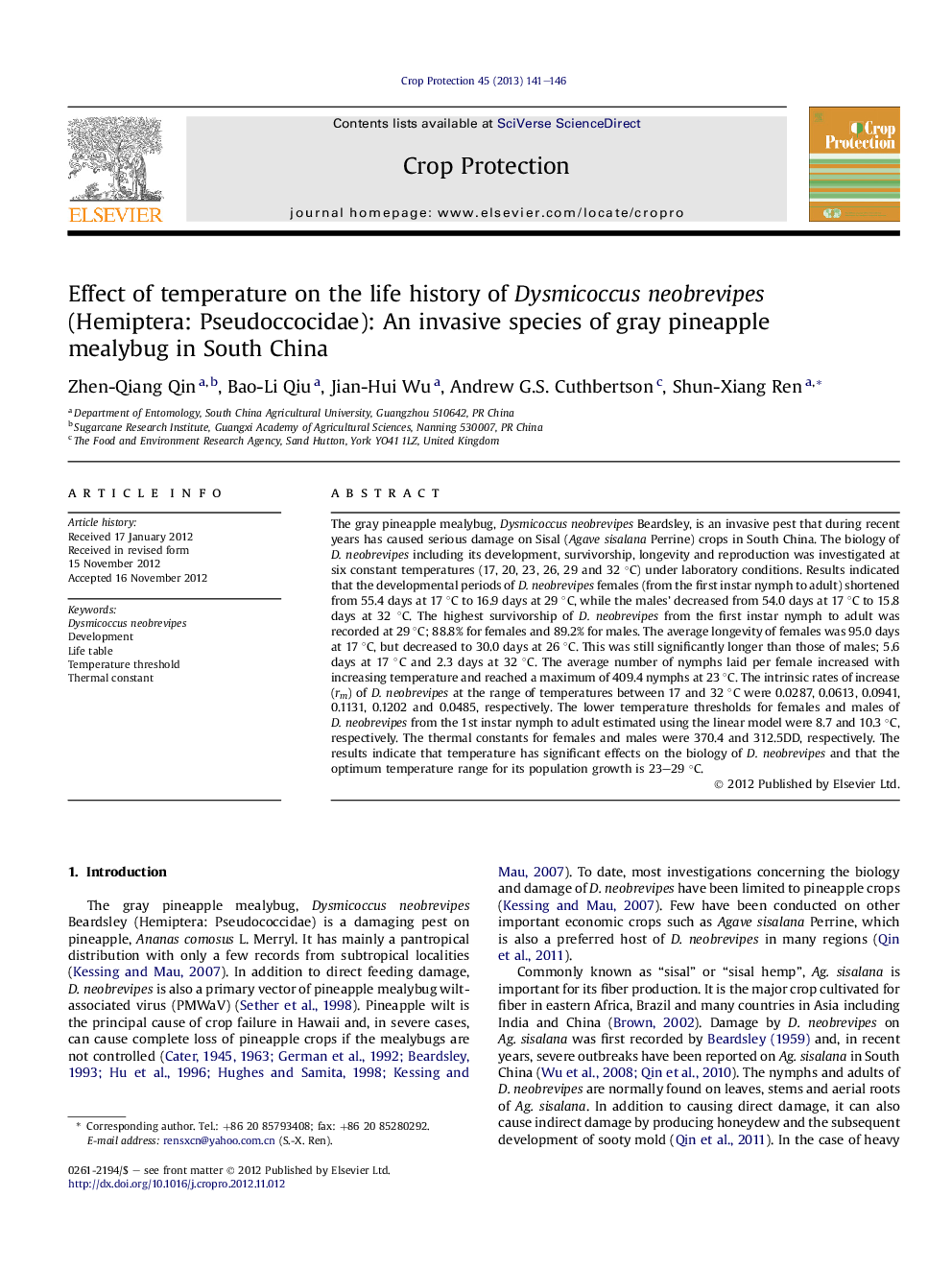 Effect of temperature on the life history of Dysmicoccus neobrevipes (Hemiptera: Pseudoccocidae): An invasive species of gray pineapple mealybug in South China