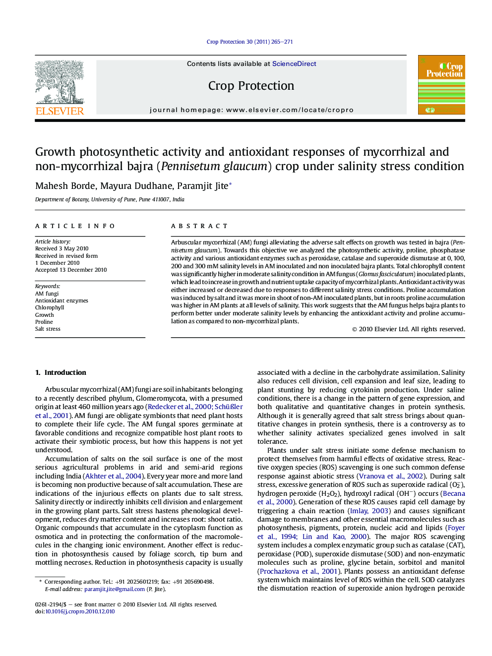 Growth photosynthetic activity and antioxidant responses of mycorrhizal and non-mycorrhizal bajra (Pennisetum glaucum) crop under salinity stress condition
