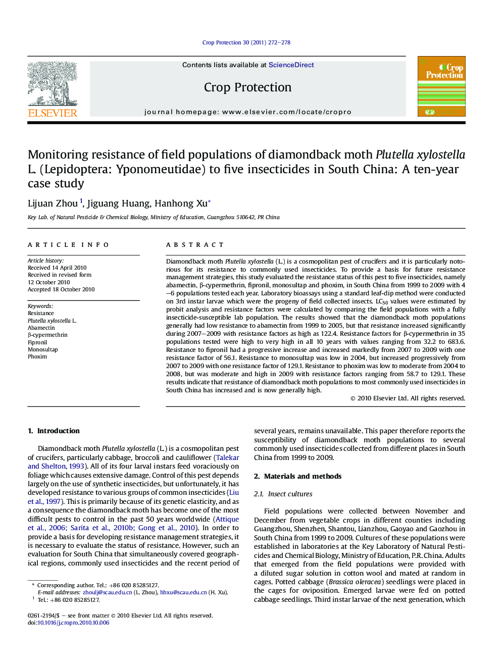 Monitoring resistance of field populations of diamondback moth Plutella xylostella L. (Lepidoptera: Yponomeutidae) to five insecticides in South China: A ten-year case study