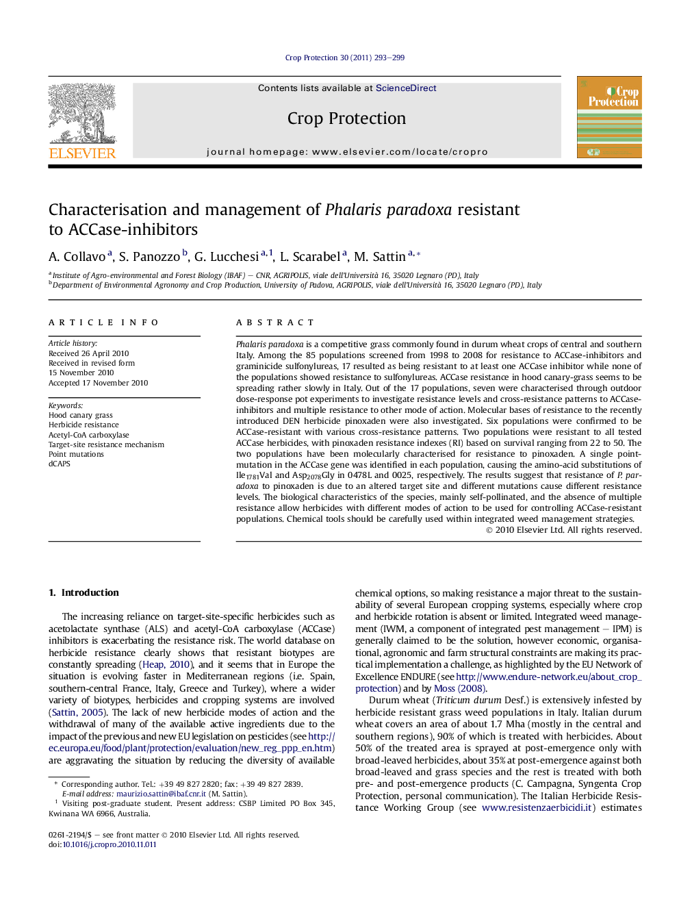 Characterisation and management of Phalaris paradoxa resistant to ACCase-inhibitors