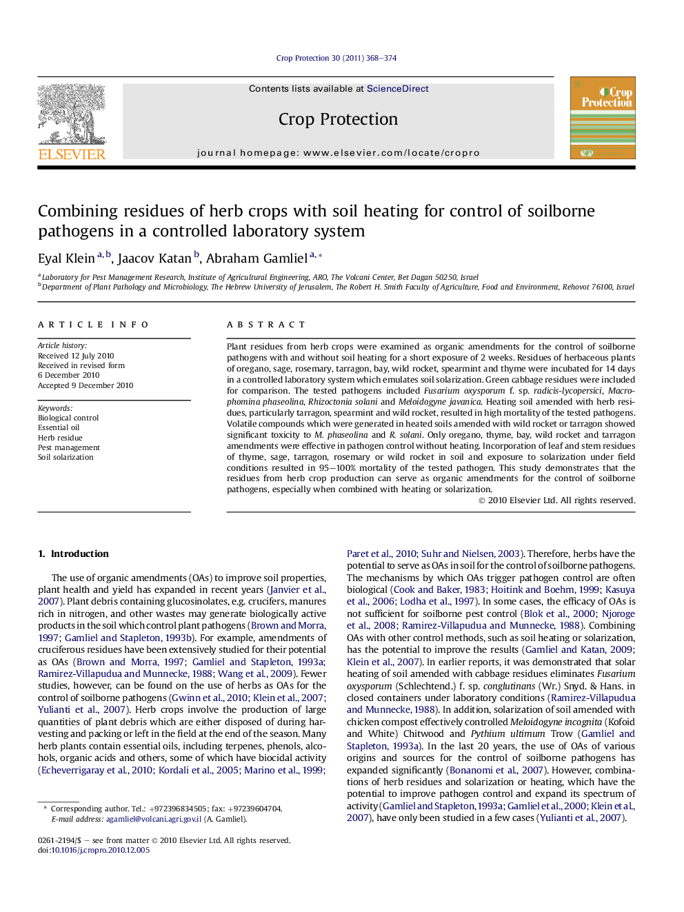 Combining residues of herb crops with soil heating for control of soilborne pathogens in a controlled laboratory system