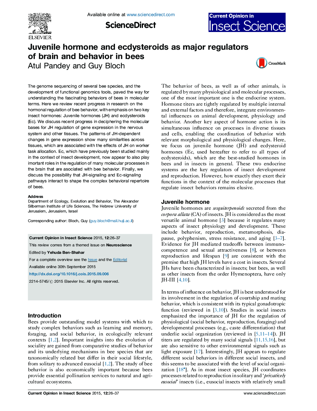 Juvenile hormone and ecdysteroids as major regulators of brain and behavior in bees