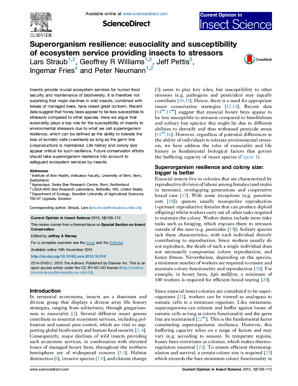 Superorganism resilience: eusociality and susceptibility of ecosystem service providing insects to stressors