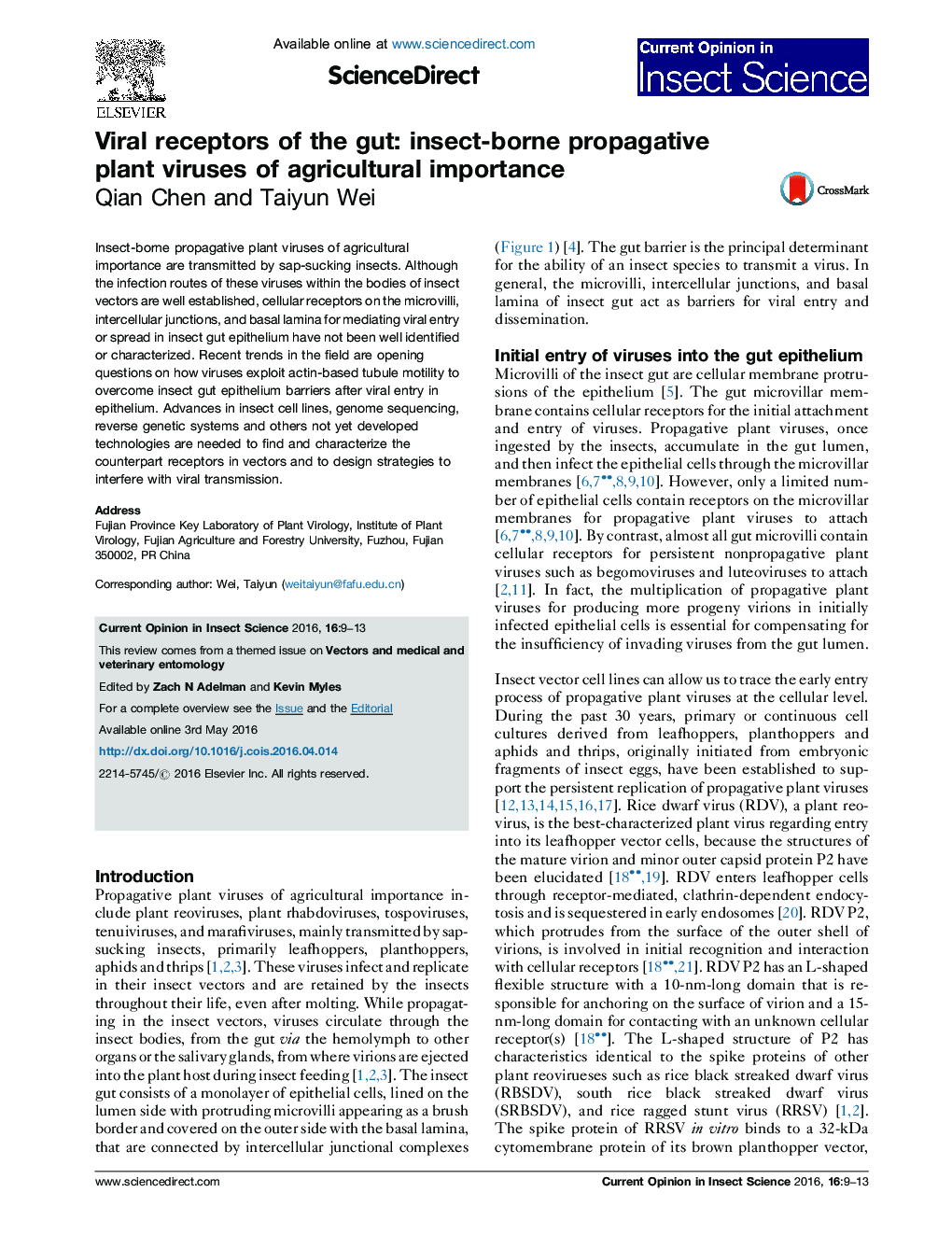 Viral receptors of the gut: insect-borne propagative plant viruses of agricultural importance