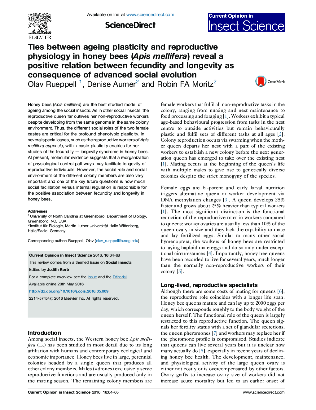 Ties between ageing plasticity and reproductive physiology in honey bees (Apis mellifera) reveal a positive relation between fecundity and longevity as consequence of advanced social evolution