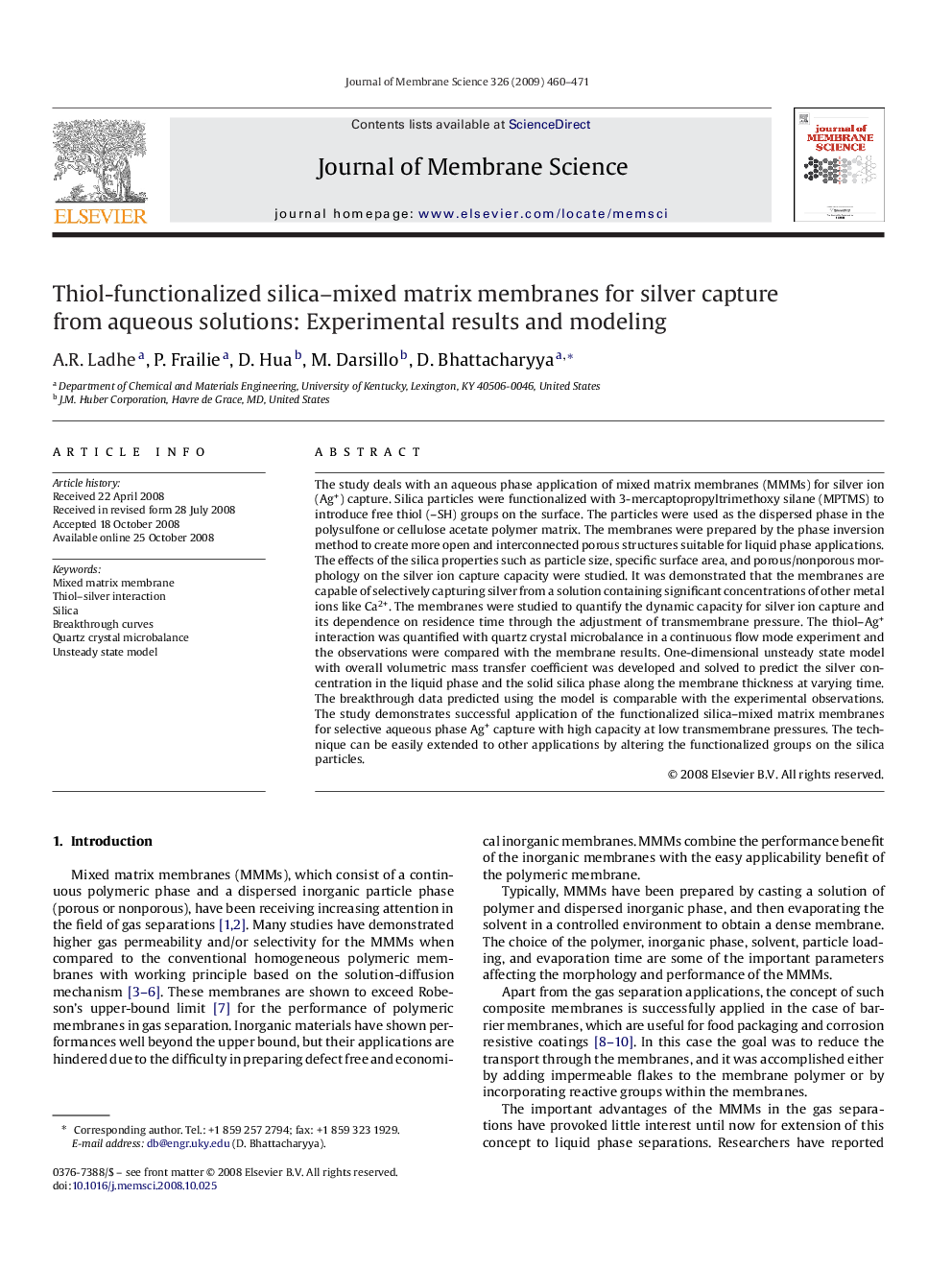 Thiol-functionalized silica–mixed matrix membranes for silver capture from aqueous solutions: Experimental results and modeling