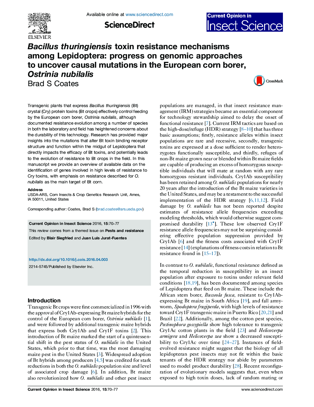 Bacillus thuringiensis toxin resistance mechanisms among Lepidoptera: progress on genomic approaches to uncover causal mutations in the European corn borer, Ostrinia nubilalis