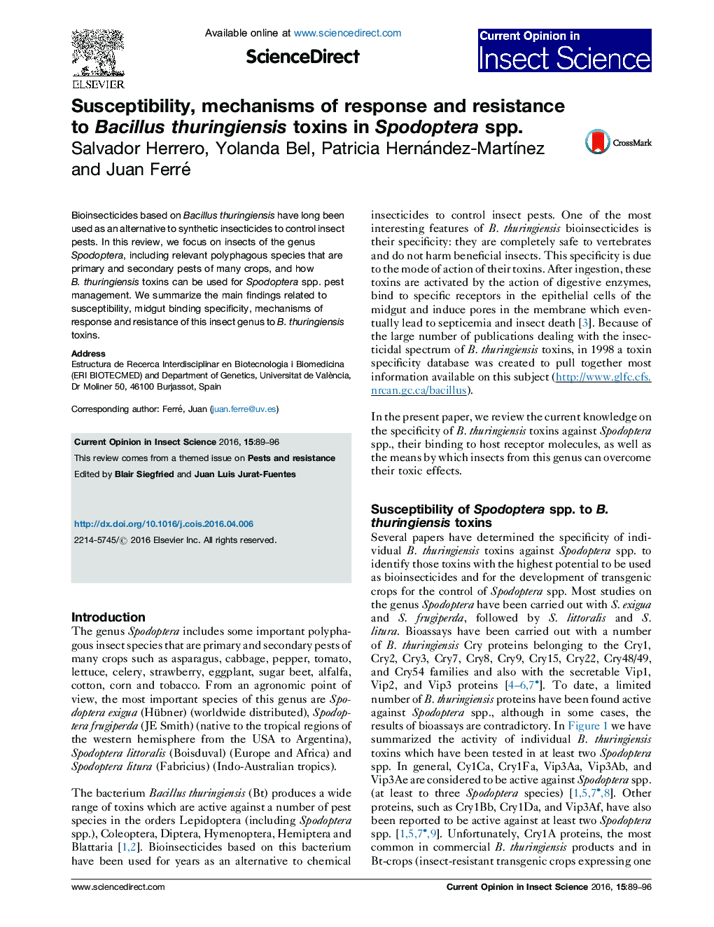 Susceptibility, mechanisms of response and resistance to Bacillus thuringiensis toxins in Spodoptera spp.