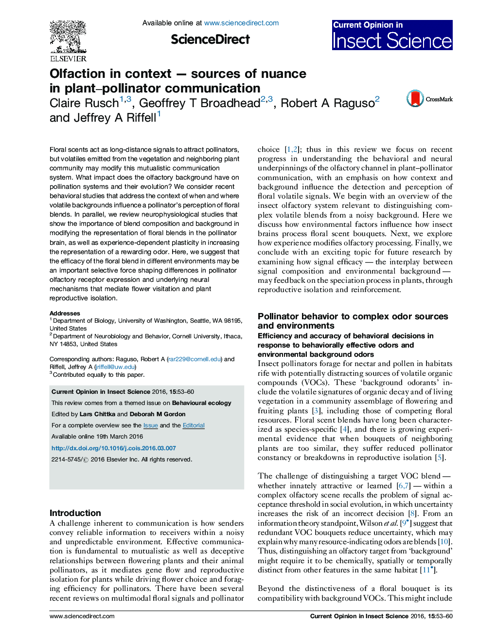 Olfaction in contextÂ -Â sources of nuance in plant-pollinator communication