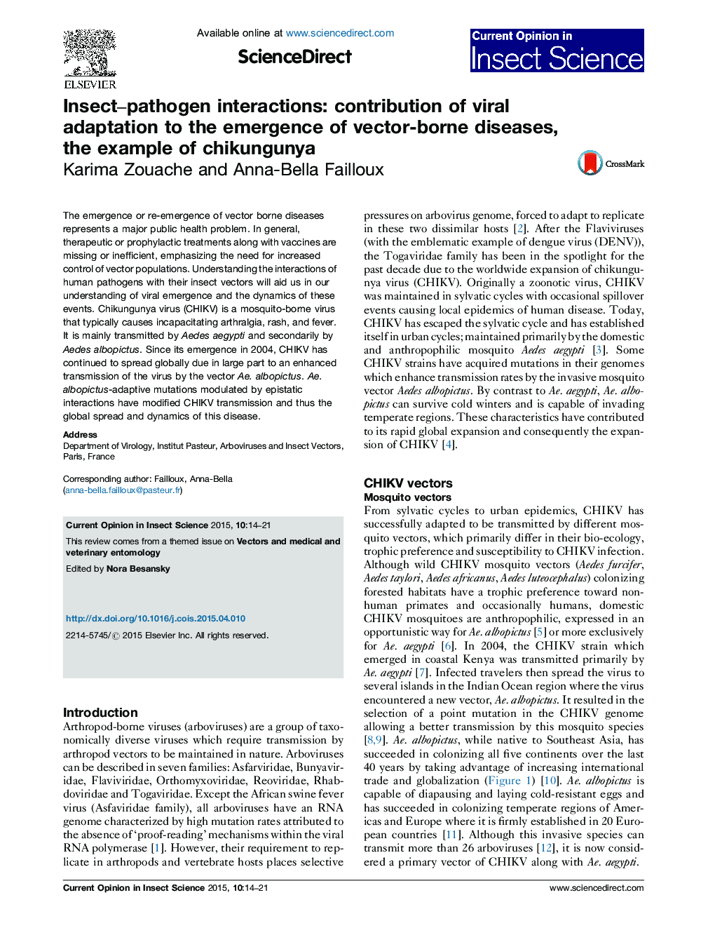 Insect-pathogen interactions: contribution of viral adaptation to the emergence of vector-borne diseases, the example of chikungunya